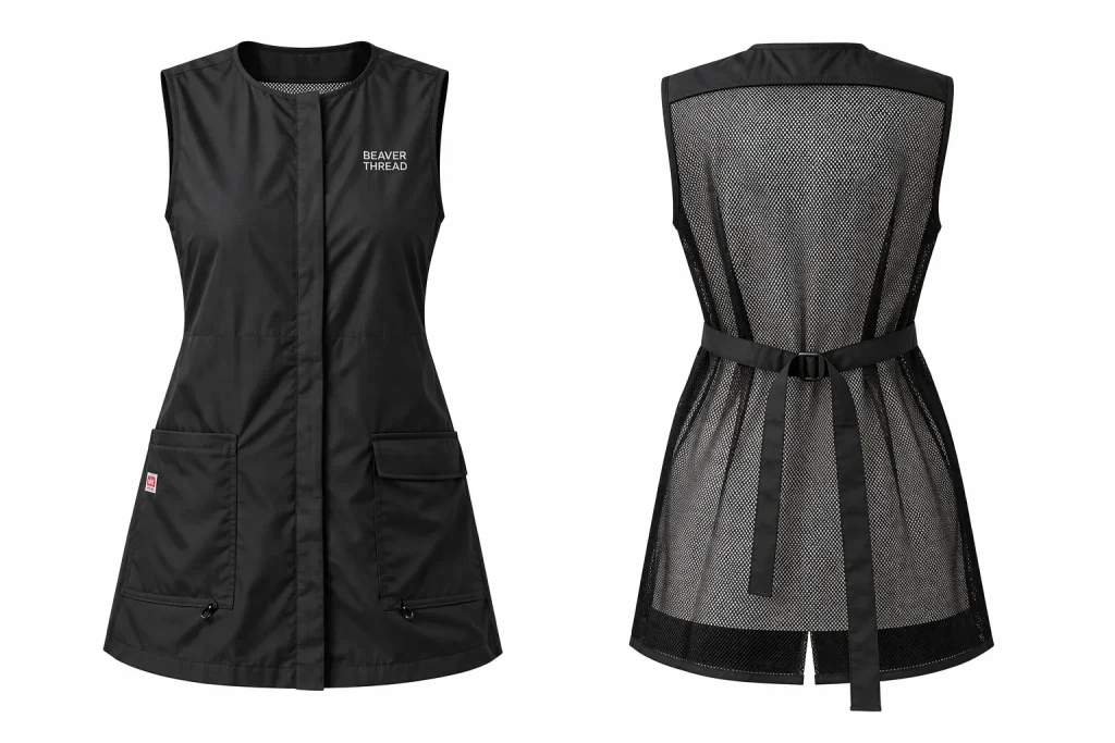 1. Fully Customizable from Factory – This grooming & styling smock is available for full factory customization, including size, color accents, pocket layout, logo placement, and even fabric reinforcement layers. Made-to-order directly from our workshop with flexible MOQ and rapid sampling. 2. Waterproof, Hair & Bleach-Resistant – Crafted from high-quality polyester that repels hair, resists bleach, and blocks water. With factory customization, you can select alternative finishes or extra sealing to match your specific work conditions, keeping your clothes fully protected during heavy bathing, chemical processing, or haircutting. 3. Protective Zipper Cover Lapel – Features an innovative zipper flap that prevents wear, tear, and water seepage from rubbing against tables and tubs. Our full-custom service allows you to specify reinforced seam sealing or tailored lapel widths for long-lasting waterproof integrity. 4. Breathable & Comfortable Fit – Tailored to You – Equipped with a flexible mesh back and inner lining for breathability and stretch. Includes an adjustable belt, two front pockets with protective lapels, and bottom pocket zippers for quick hair removal. Through factory direct customization, you can modify pocket depth, belt length, and torso proportions for a personal fit that moves with you. 5. Care & Branding Options – Cold water wash, hang dry. Custom heat-transfer or embroidered logos are also supported, making this smock ideal for salon or studio branding – all produced with your exact specifications.